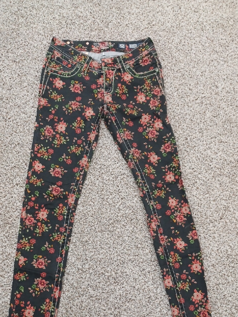 Miss Me Soft Black Jeans with Pink & Green Floral Print Size 25